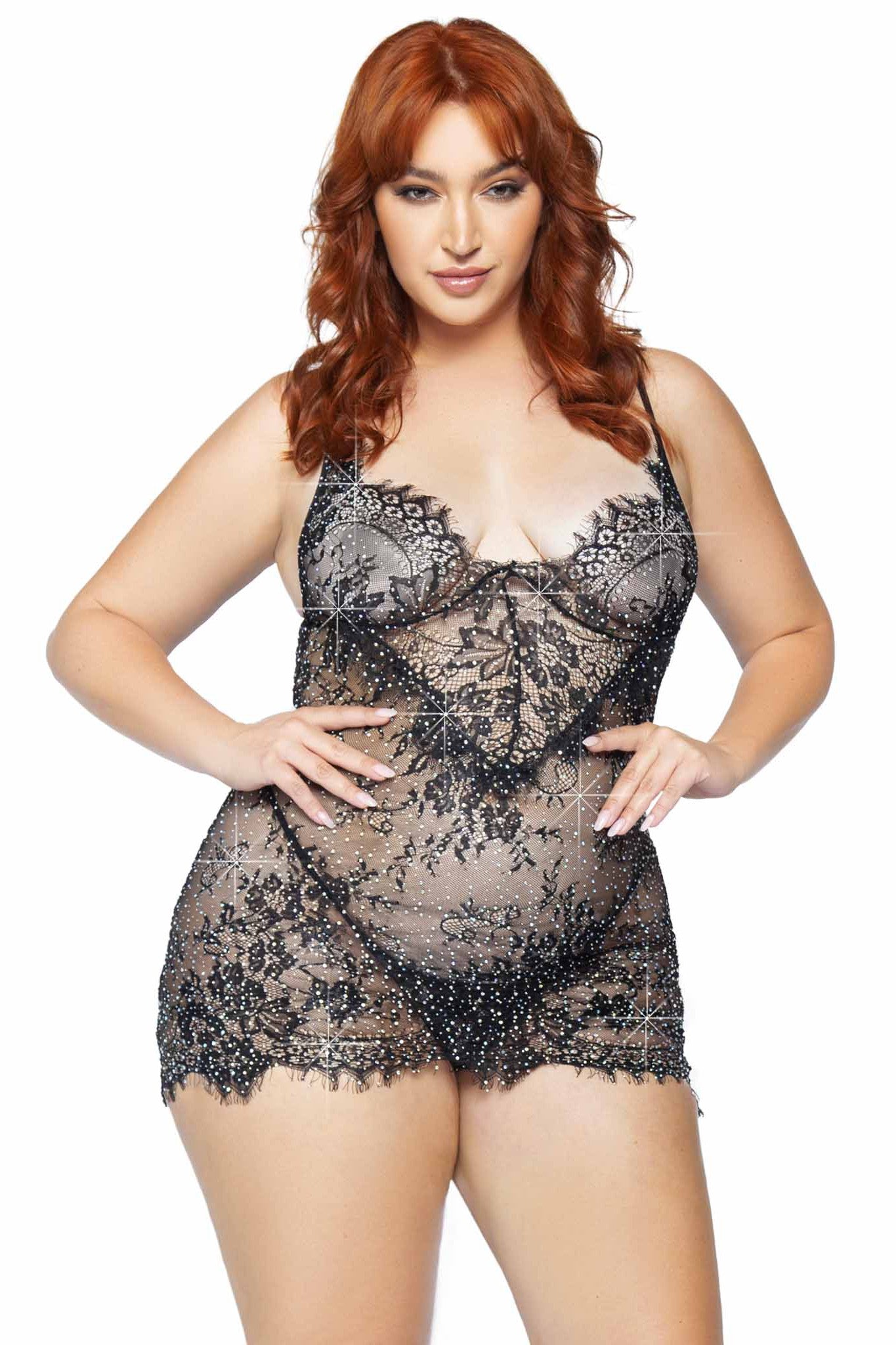 Plus Size 2-Piece Eyelash Lace & Rhinestone Backless Mini Dress Ensemble
