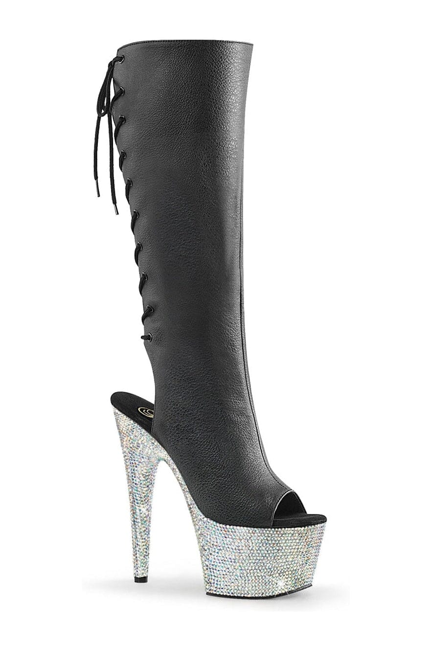 2018 Black Faux Leather Rhinestone Knee - High Open - Toe Boots with Side Zipper