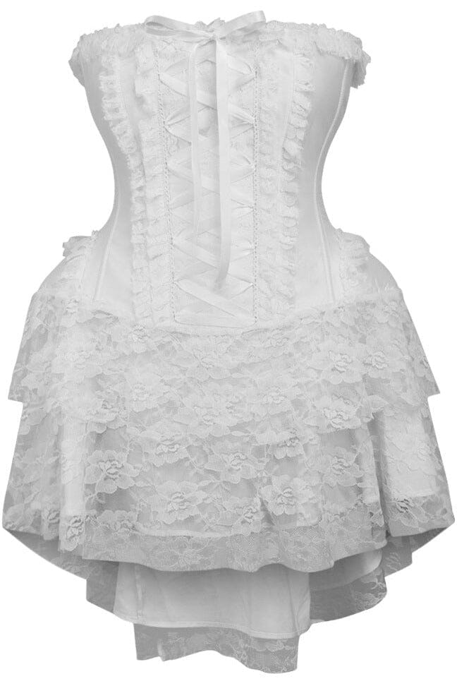 Elegant White Lace Strapless Victorian Corset Dress with Steel Boning