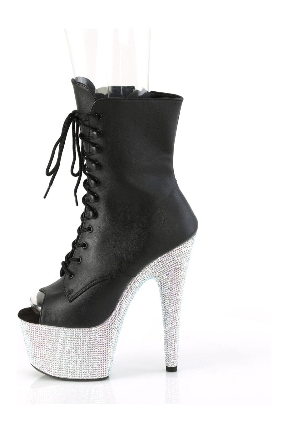 BEJEWELED-1021-7 Black Faux Leather Rhinestone Peep Toe Ankle Boots with Side Zipper