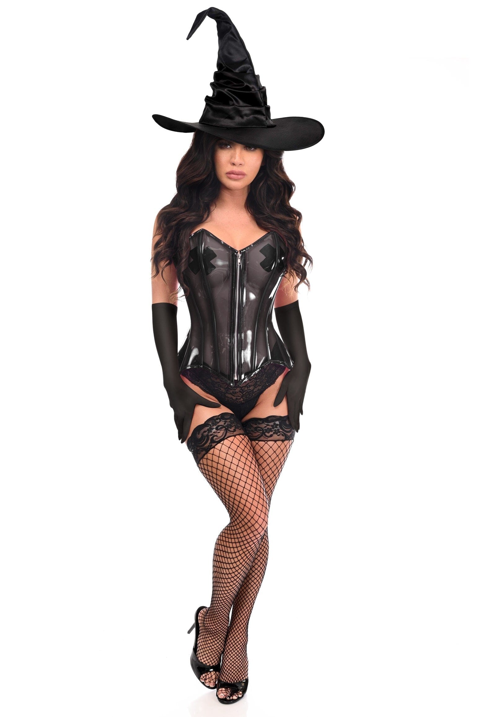 Luxurious 3-Piece Transparent Black Witch Corset Costume Set