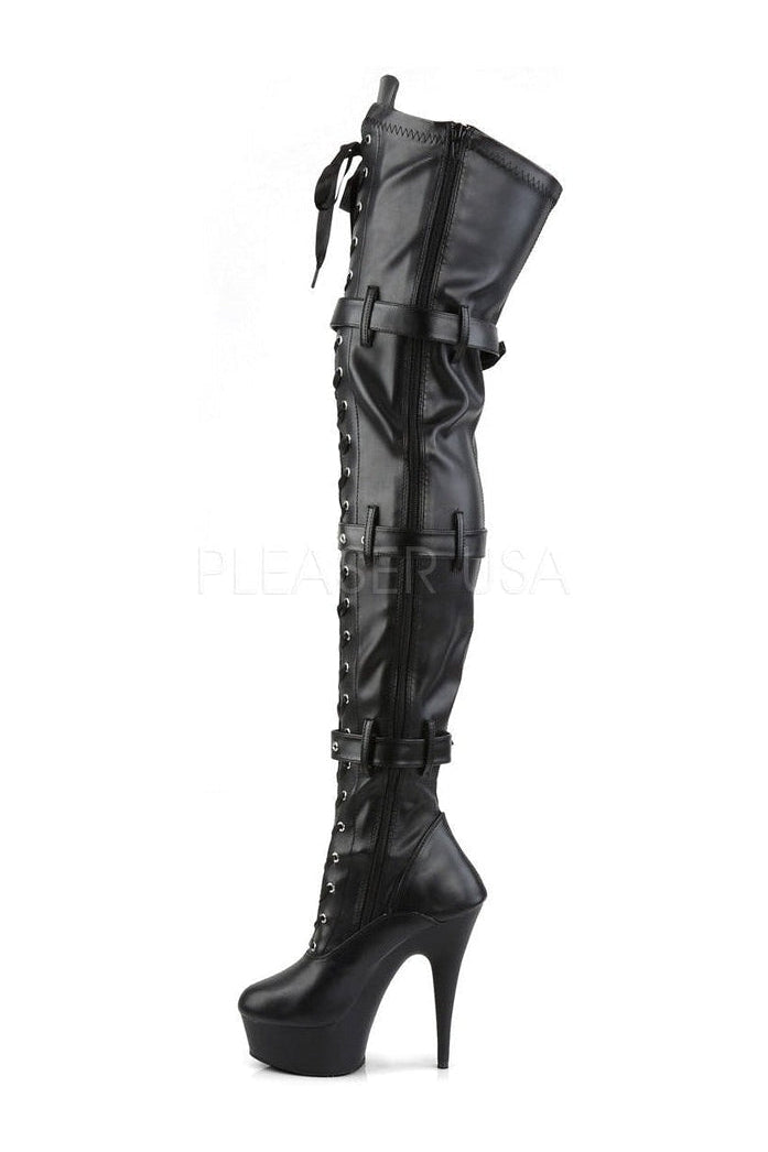 DELIGHT-3028 Black Faux Leather Platform Lace - Up Thigh High Boots with Triple Buckles and Inner Zipper