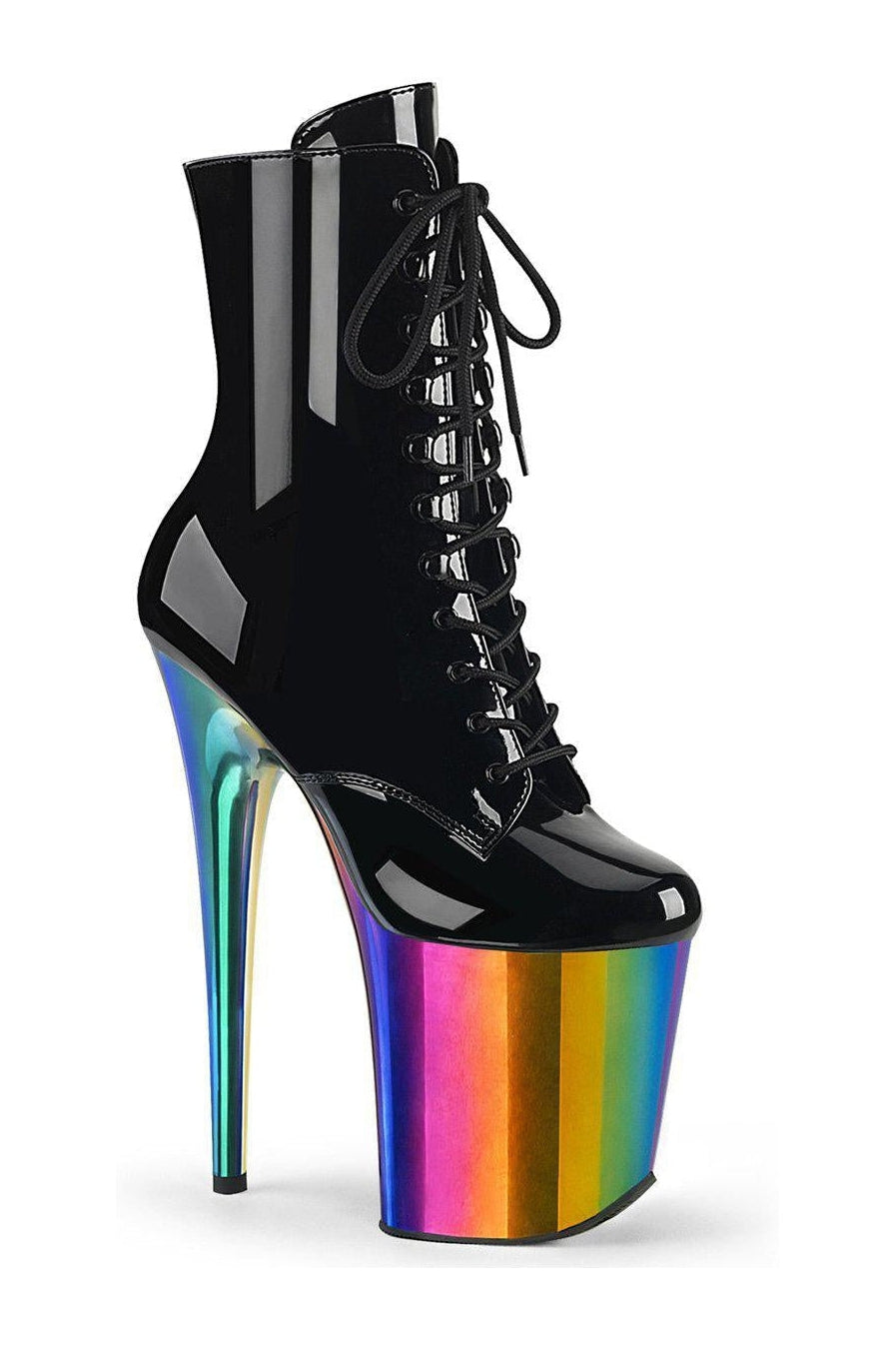 Pleaser's Black Patent FLAMINGO-1020RC Lace-Up Ankle Boot with Side Zipper