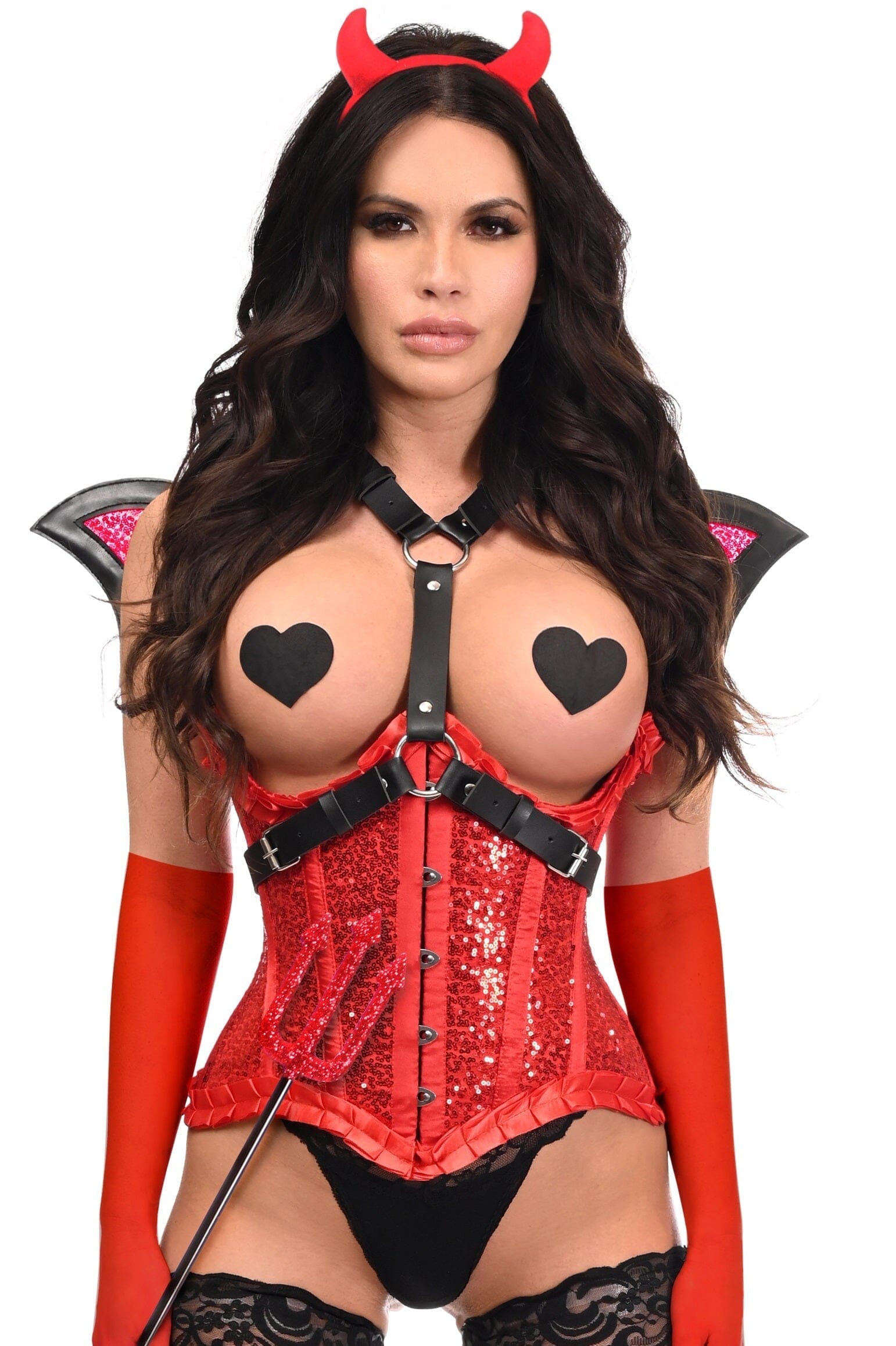 5 - Piece Red Sequin Devilish Harness Corset Costume for Top - Notch Look