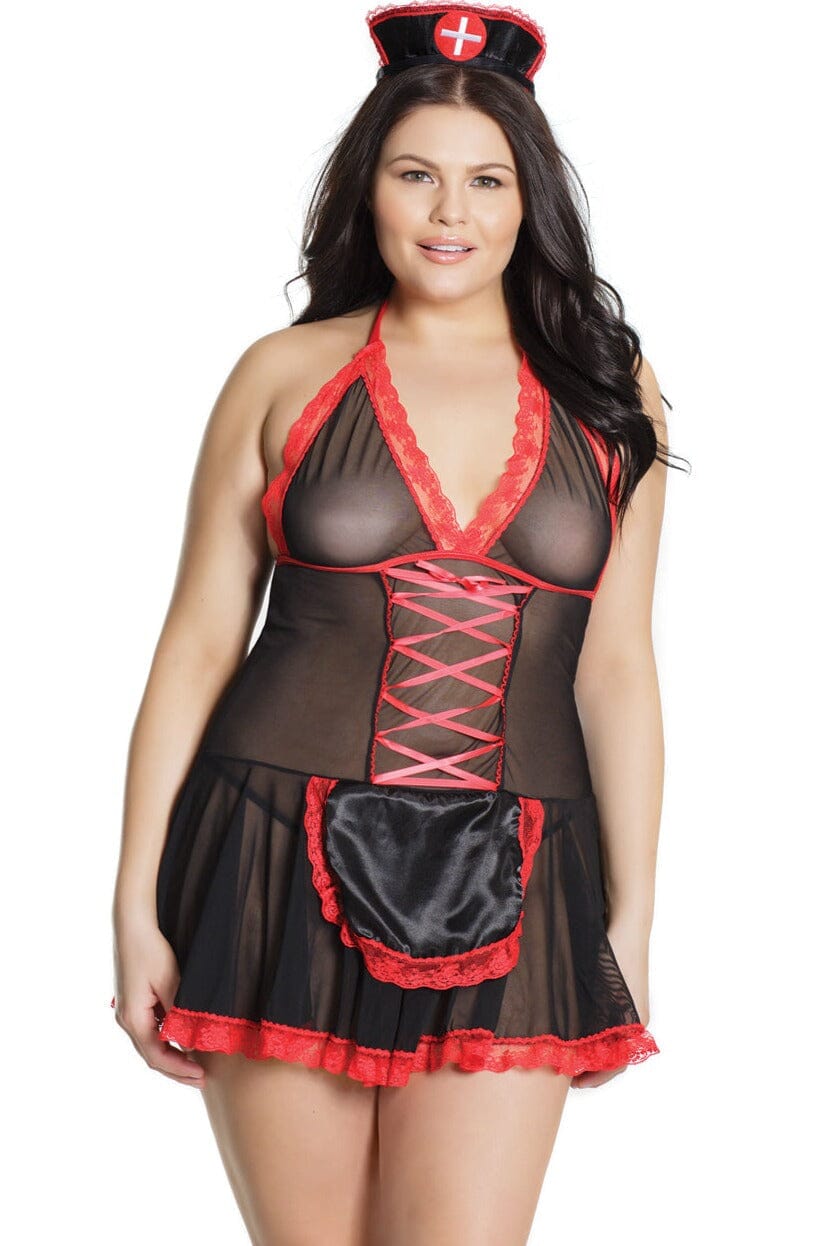 Plus Size 2 Piece Mesh Babydoll Set with Center Front Lace - Up Design and Elegant Lace Trim Details