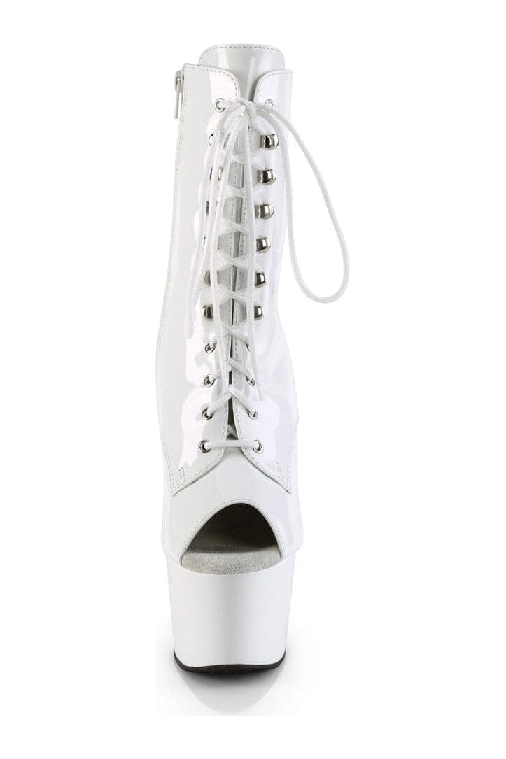 Pleaser ADORE - 1021 White Patent Lace - Up Peep Toe Ankle Boot with Side Zipper