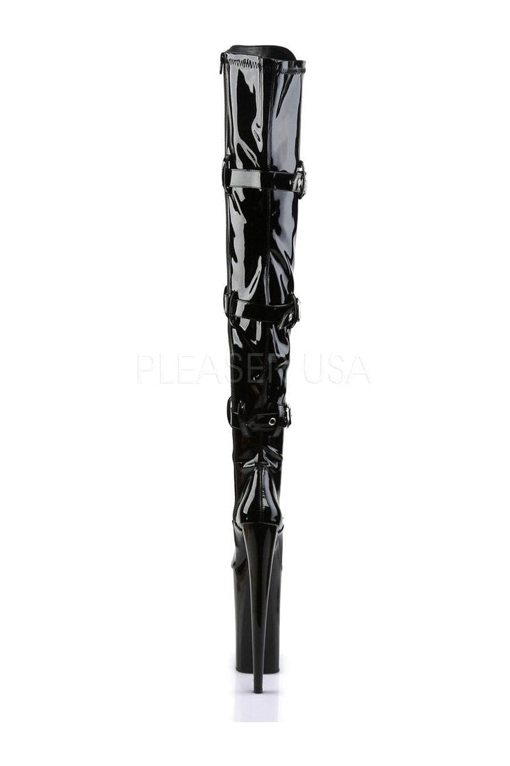 BEYOND-3028 Black Patent Leather Platform Thigh High Lace - Up Boots with Straps and Belt Buckle Detail