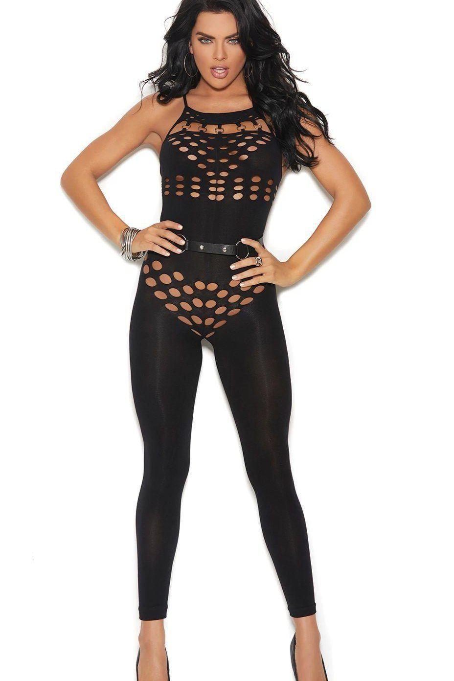Elegant Opaque Halter Neck Footless Bodystocking with Cut - Out Design