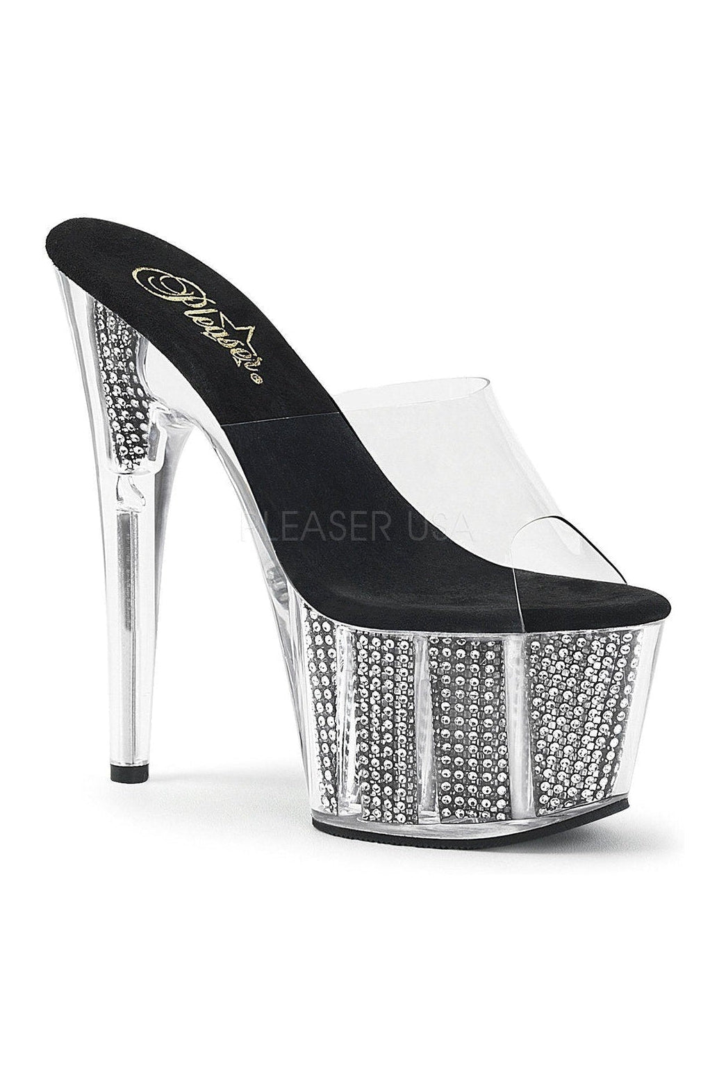 ADORE-701SRS Women's Black Vinyl Platform Slide Sandals with Stiletto Heel