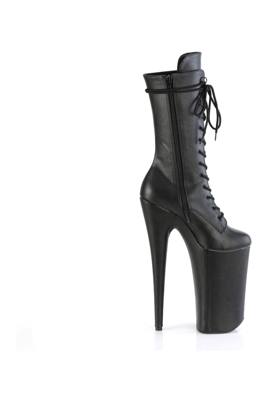 BEYOND-1050WR Stylish Black Faux Leather Mid Calf Knee-High Lace-Up Boots