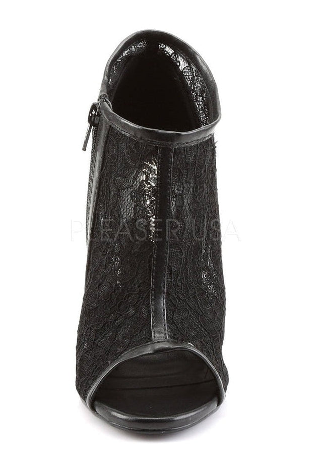 Black Fabric AMUSE-56 Open Toe Bootie with Lace Overlay