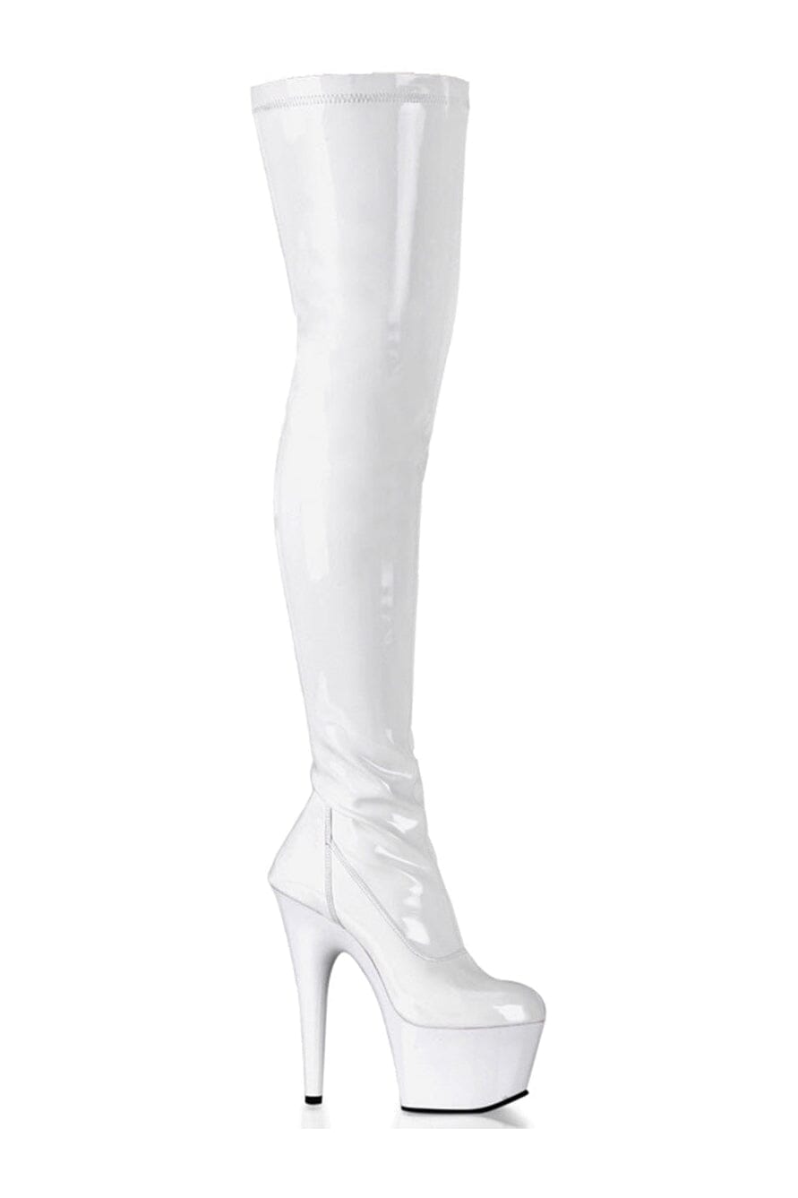 Pleaser ADORE - 3000 White Patent Stretch Thigh High Boots with Side Zipper
