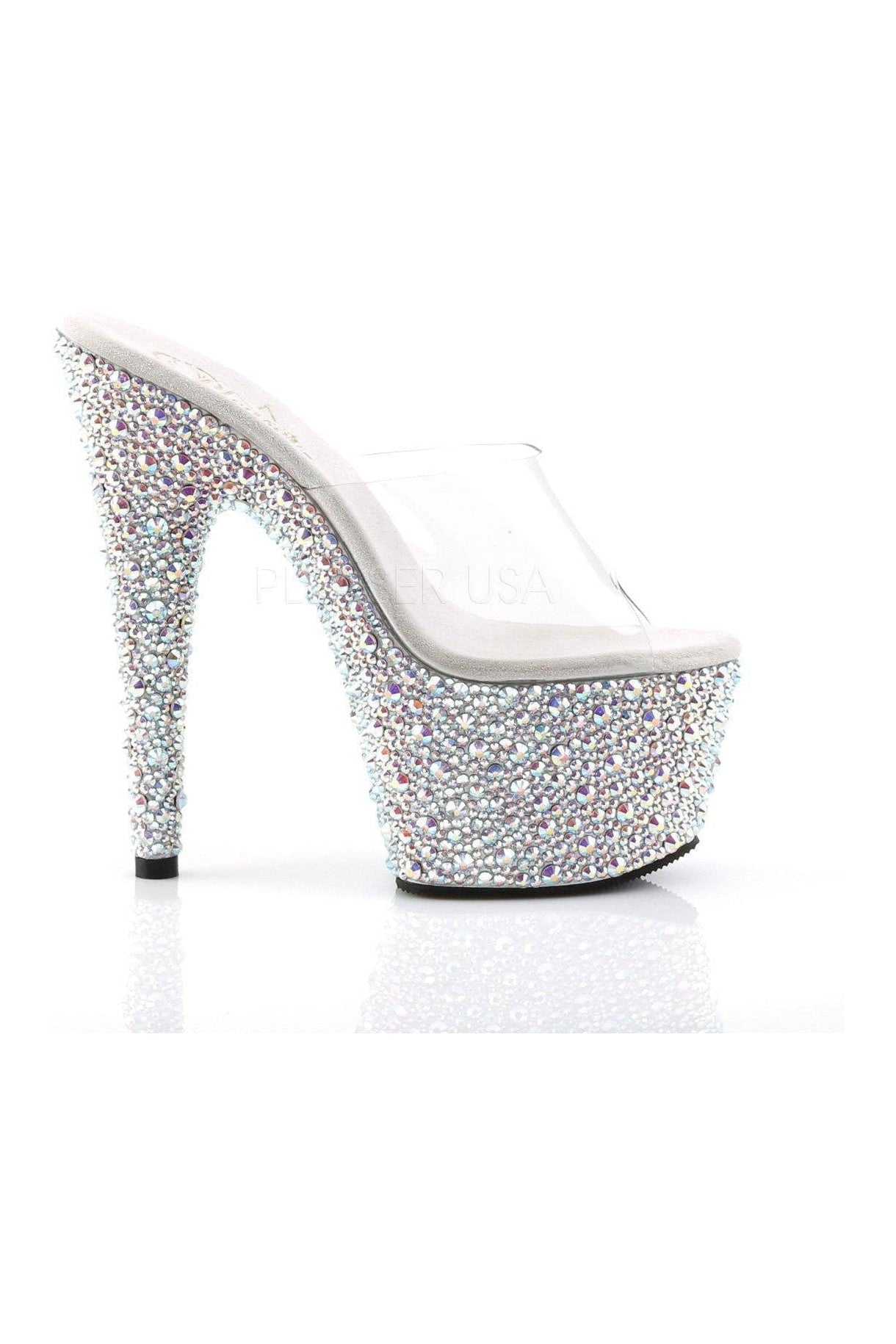 BEJEWELED-701MS Clear Vinyl Platform Slide Sandals with Rhinestones