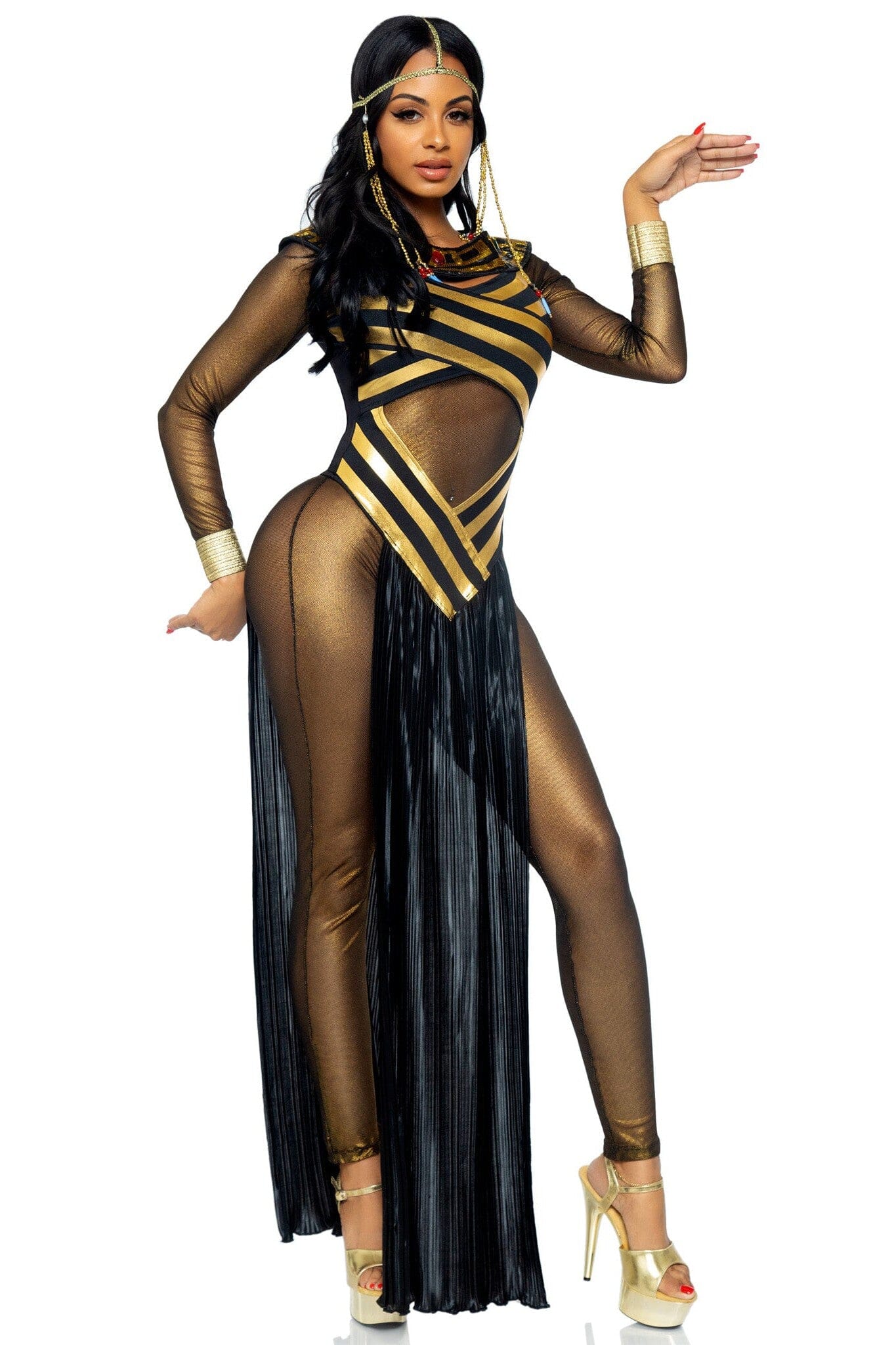 Three - Piece Nile Queen Catsuit Dress Set with Jewel Collar Headpiece