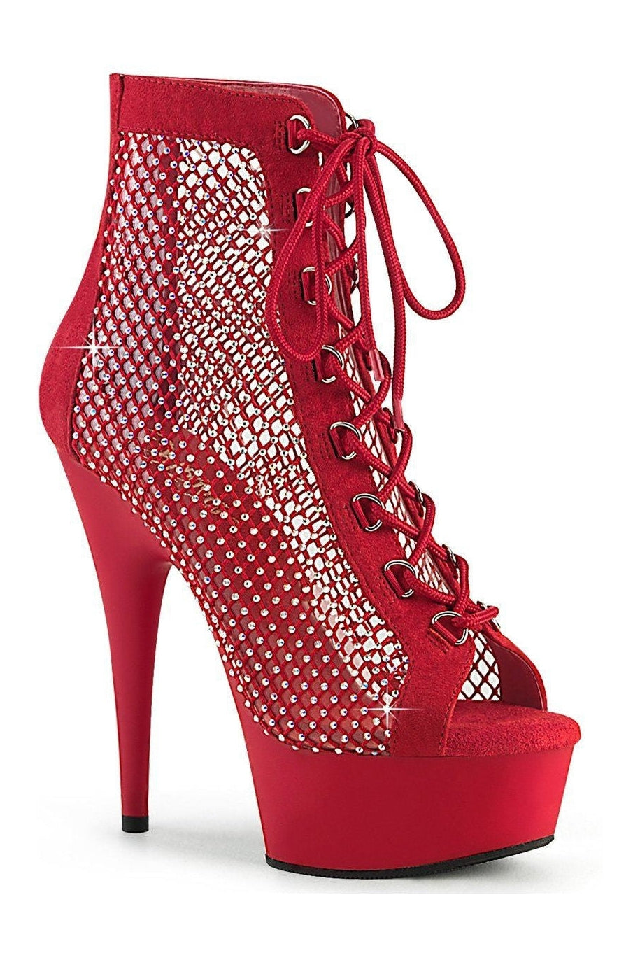 Red Faux Suede Pleaser DELIGHT-600-33RM Lace-Up Ankle Boot with Peep Toe