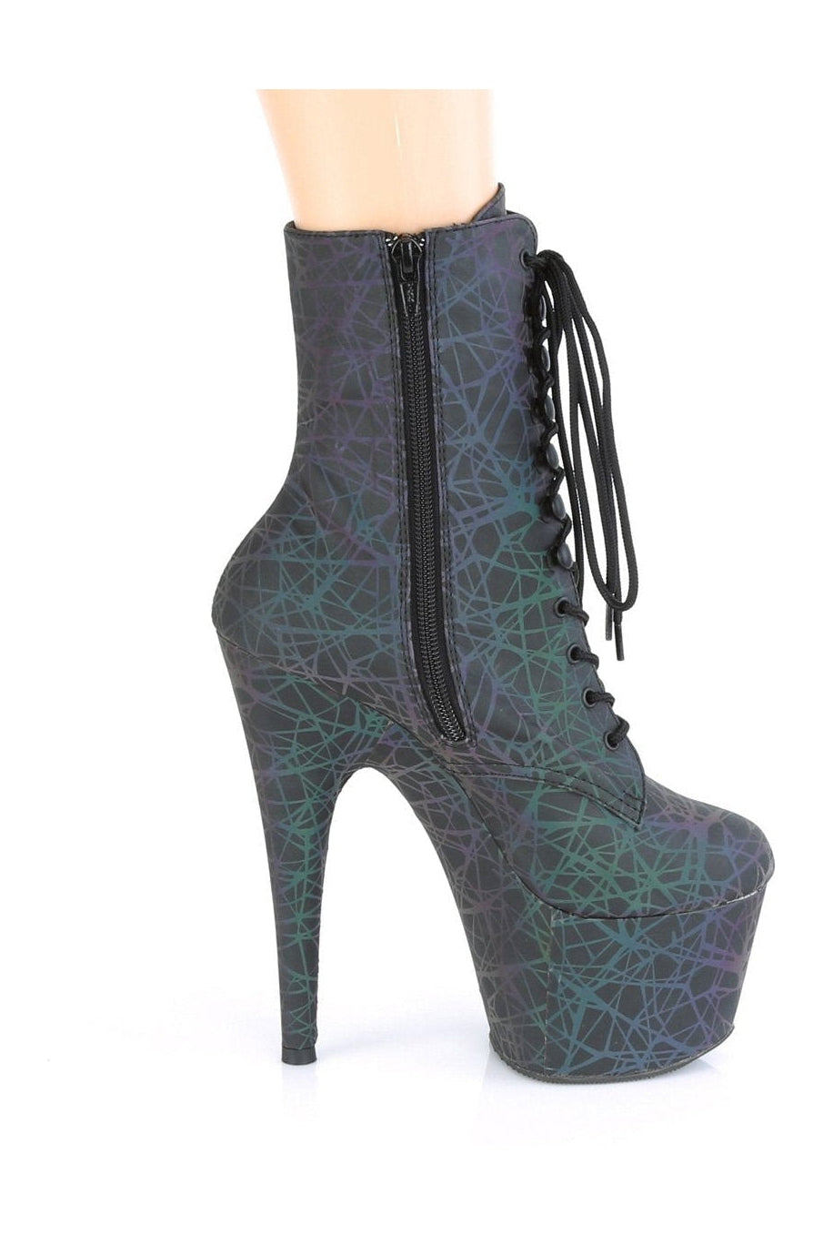Pleaser ADORE-1020REFL Exotic Green Faux Leather Lace-Up Ankle Boots