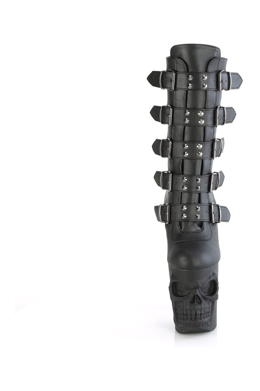 Pleaser's RAPTURE-1052BK Black Faux Leather Mid Calf Knee Boot with Unique Design