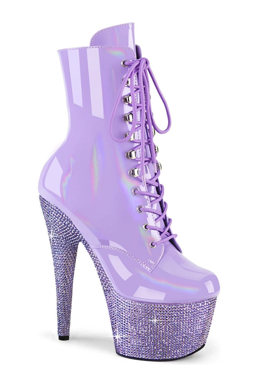 Pleaser Purple Patent Rhinestone Embellished Front Lace - Up and Side Zipper Ankle Boot BEJEWELED - 1020 - 7