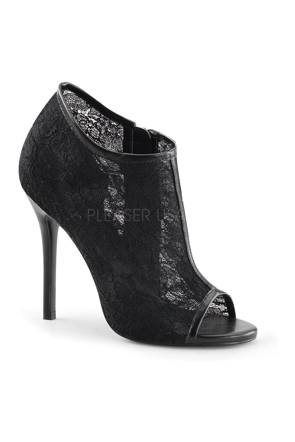 Black Fabric AMUSE-56 Open Toe Bootie with Lace Overlay