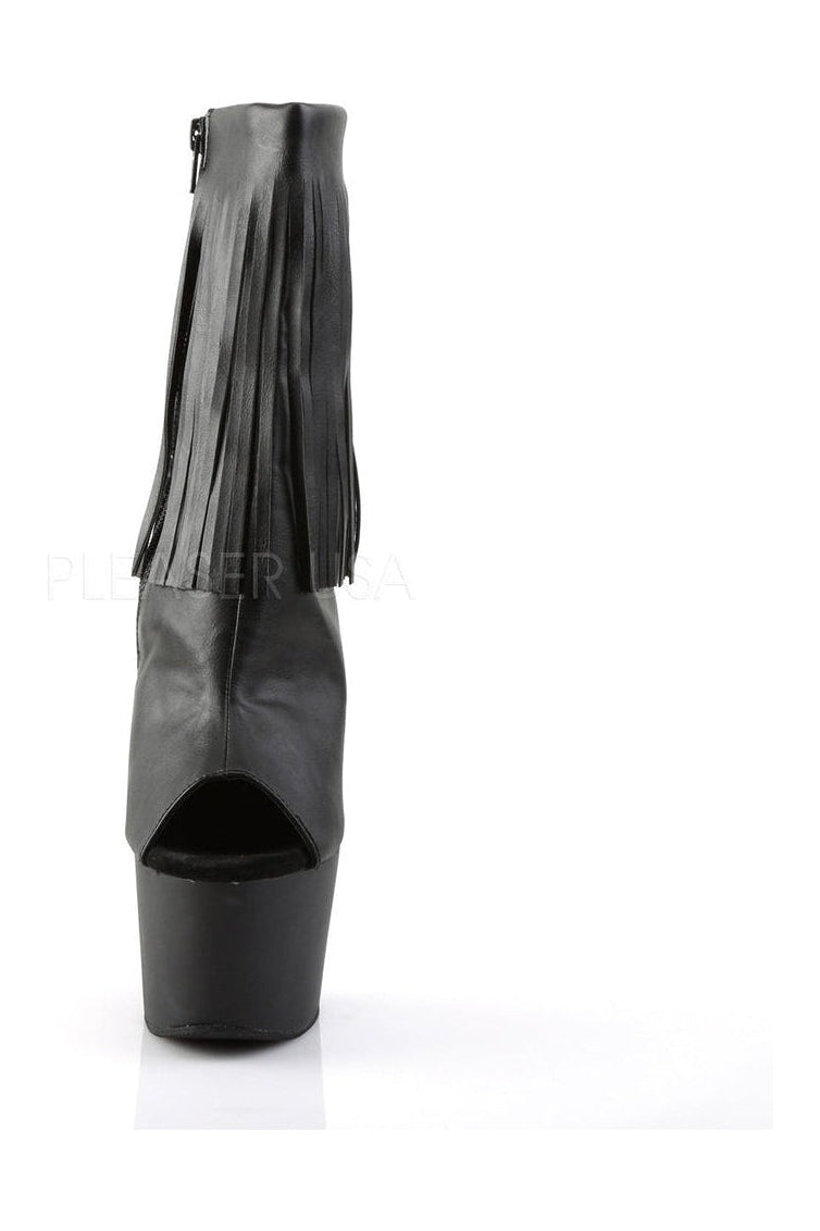ADORE-1019 Black Faux Leather Open Toe Fringe Ankle Platform Boots with Stiletto Heel
