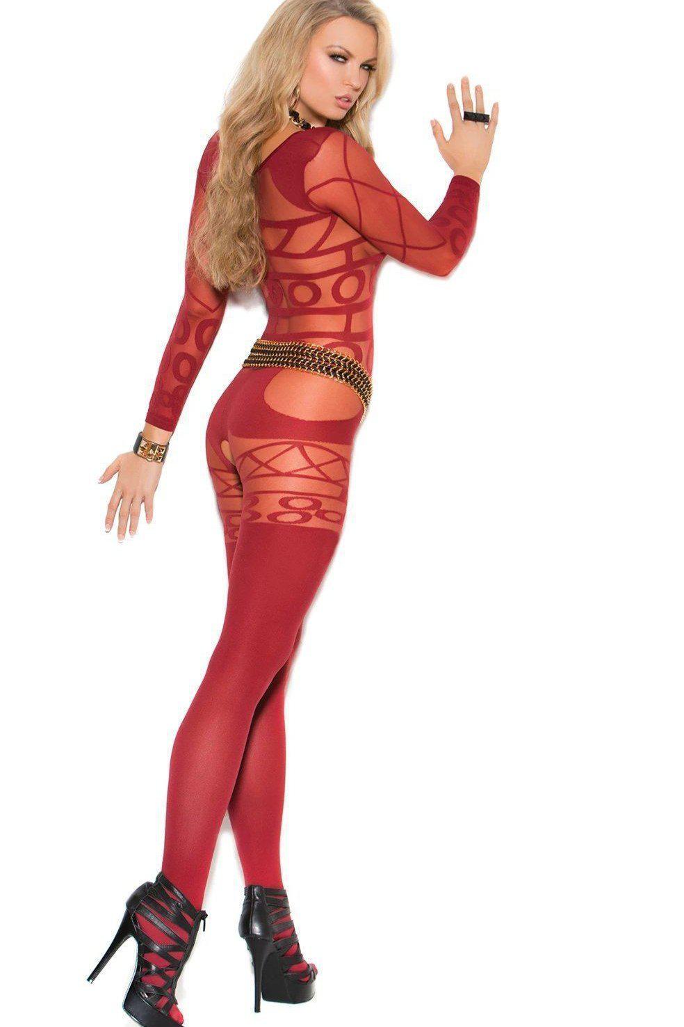 Elegant Long Sleeve Sheer & Opaque Open Crotch Bodystocking