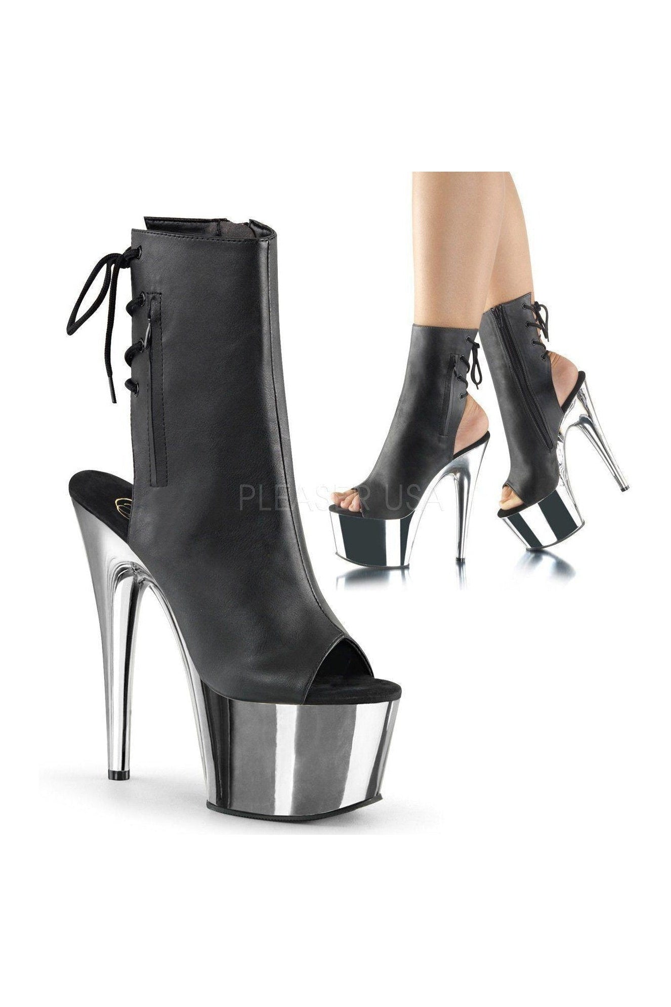 Black Faux Leather ADORE-1018 Platform Ankle Boot with Stiletto Heel