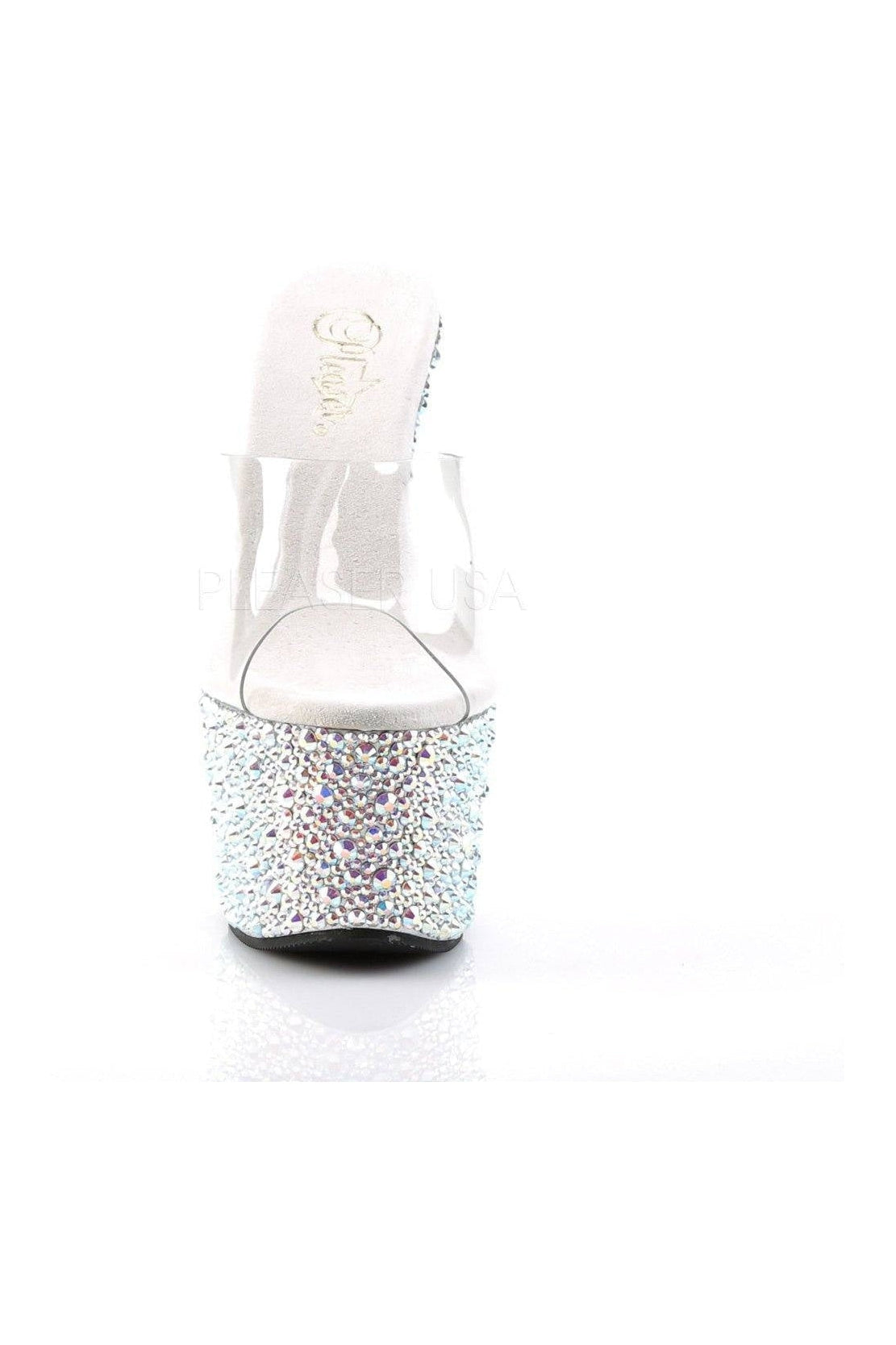 BEJEWELED-701MS Clear Vinyl Platform Slide Sandals with Rhinestones