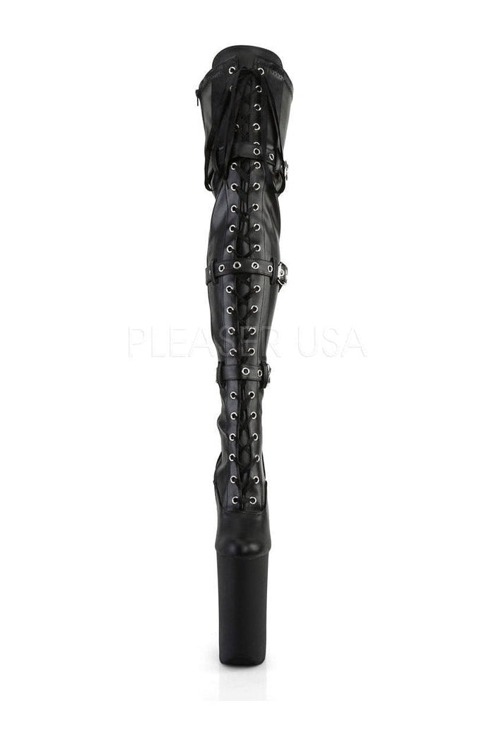 BEYOND-3028 Black Faux Leather Stretch Thigh High Platform Boots