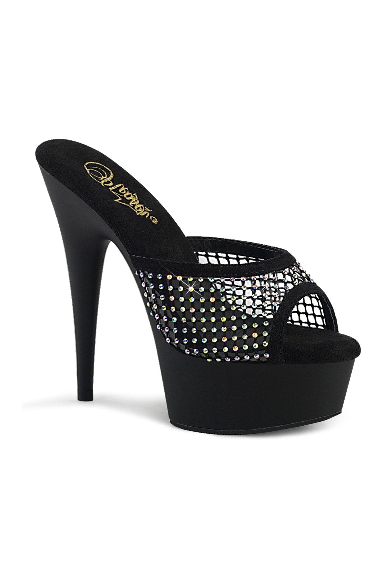 Pleaser Brand DELIGHT-601-6RM Black Faux Suede Rhinestone Mesh Slide Sandals