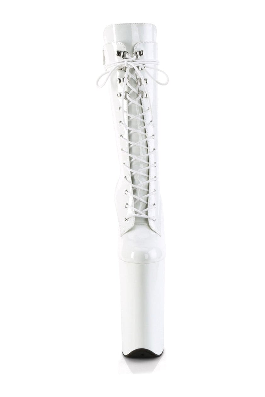 Pleaser BEYOND-1050 Knee-High White Patent Lace-Up Boots with Side Zipper