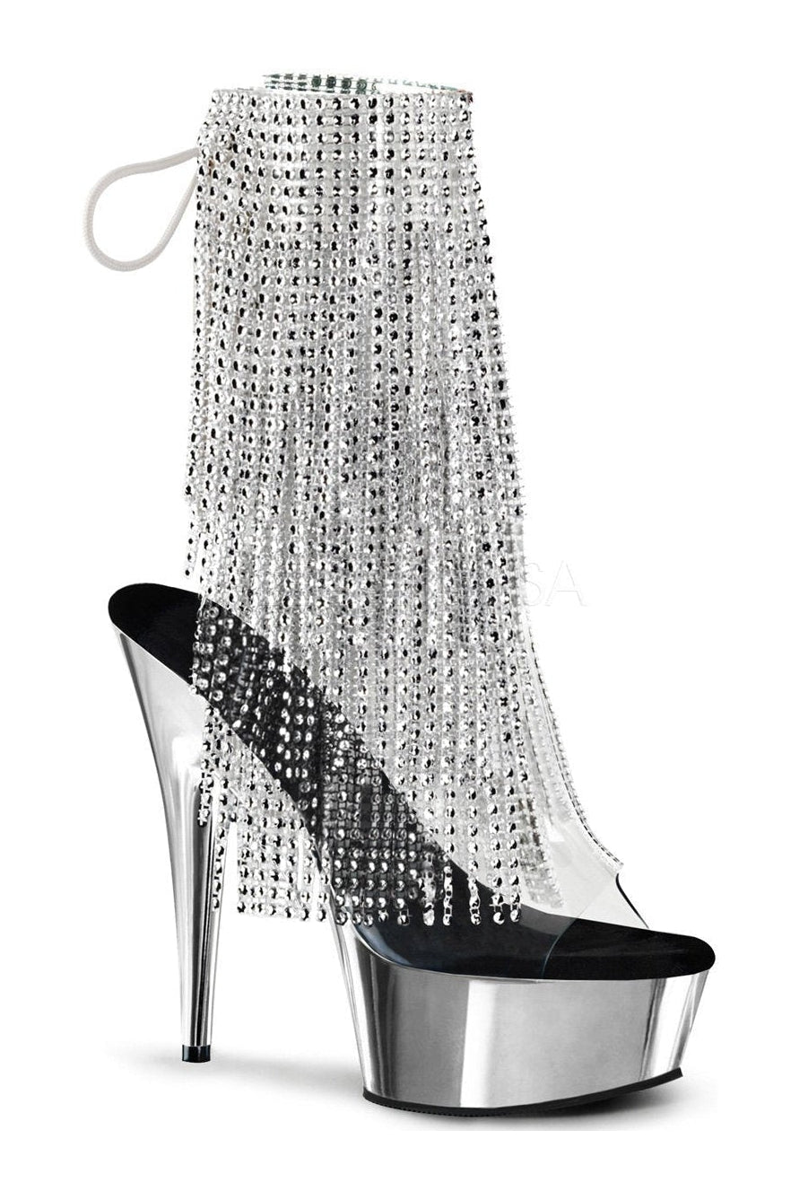 DELIGHT-1017RSF Clear Vinyl Open Toe Platform Boot with Rhinestone Fringe