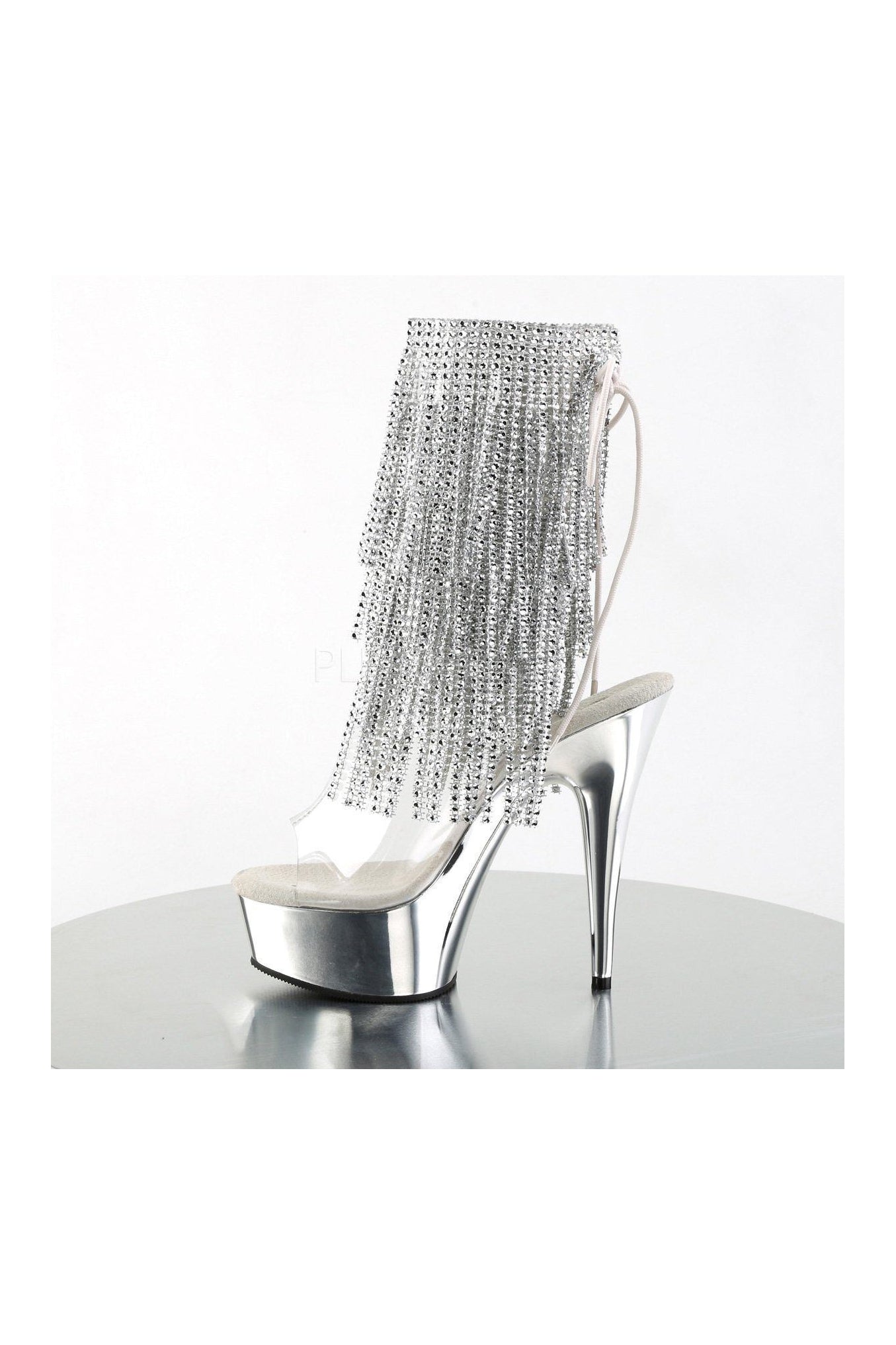 DELIGHT-1017RSF Clear Vinyl Open Toe Platform Boot with Rhinestone Fringe