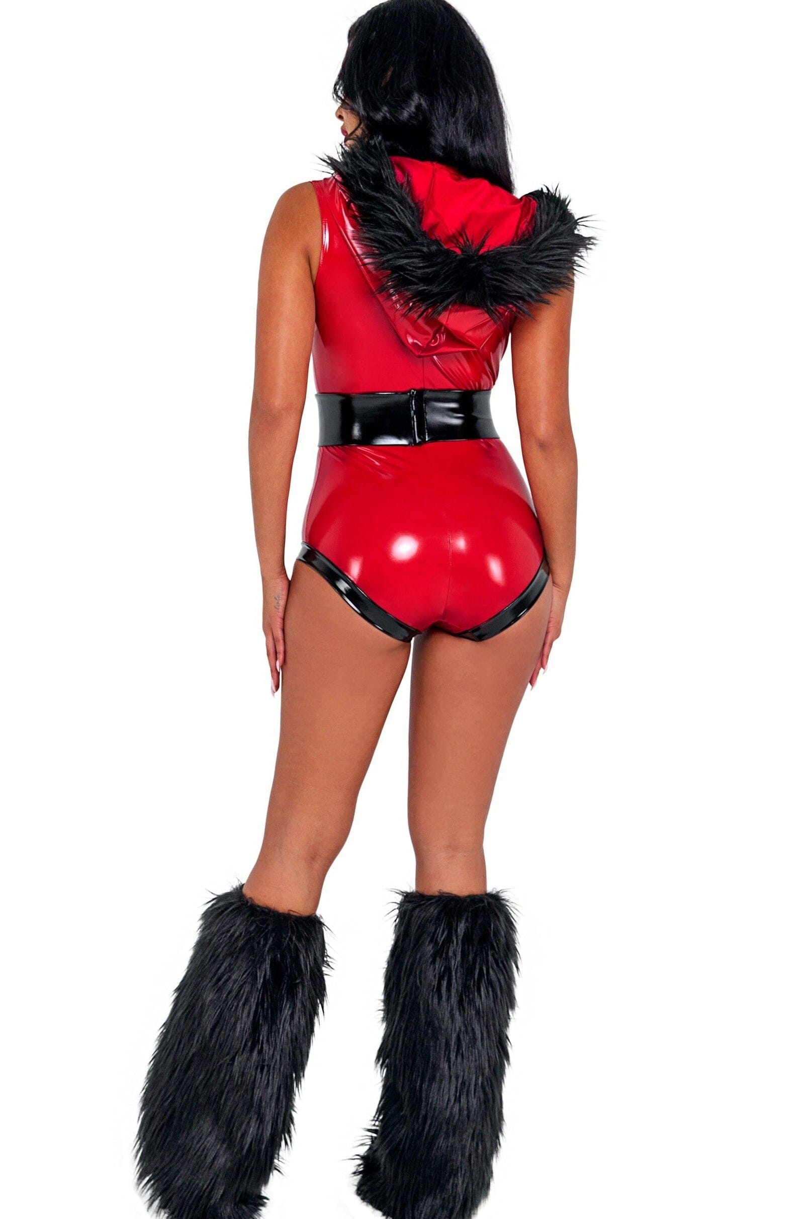 Roma Red Vinyl Santa Honey Bodysuit with Black Faux Fur Trim