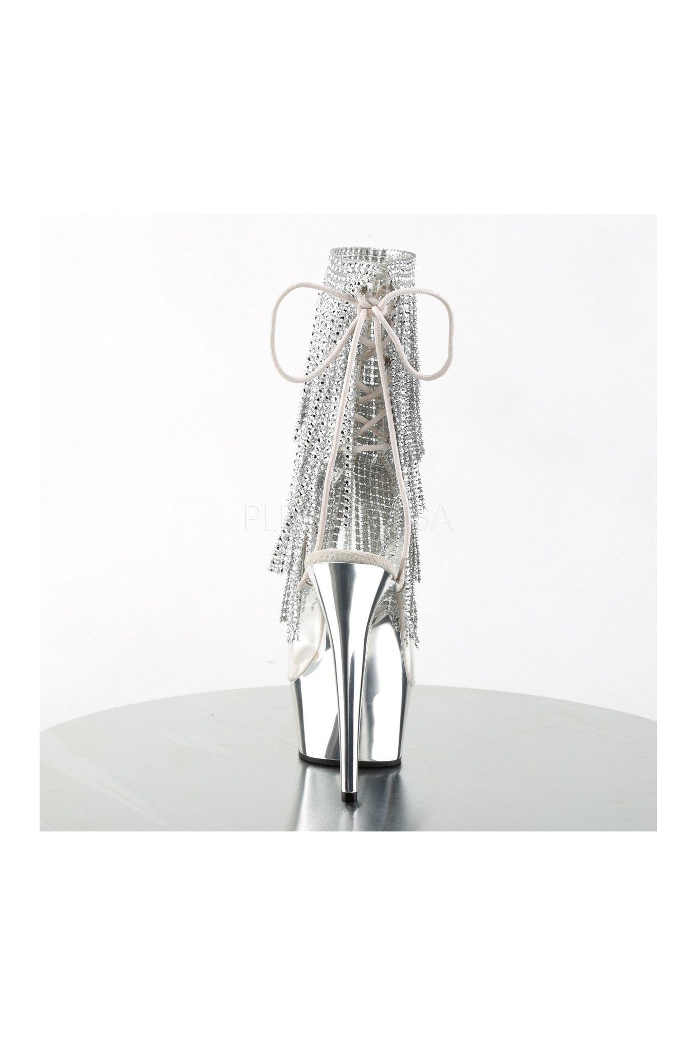 DELIGHT-1017RSF Clear Vinyl Open Toe Platform Boot with Rhinestone Fringe