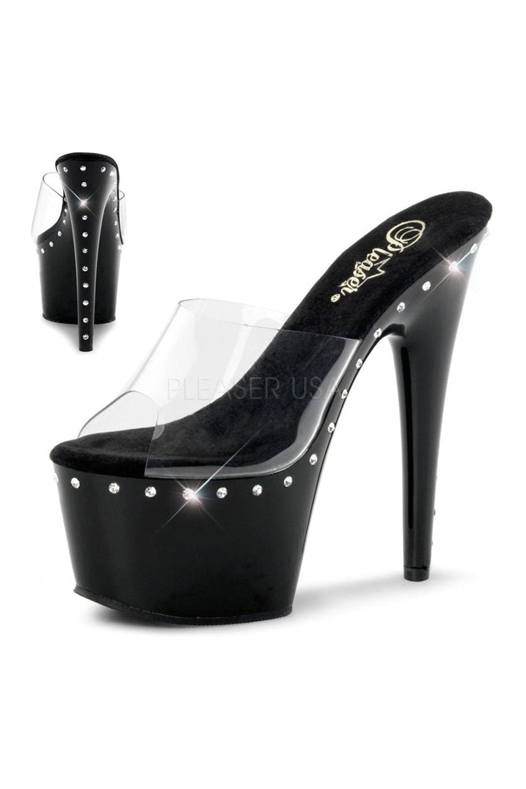 ADORE-701LS Black Vinyl Platform Slide with Rhinestone Accents