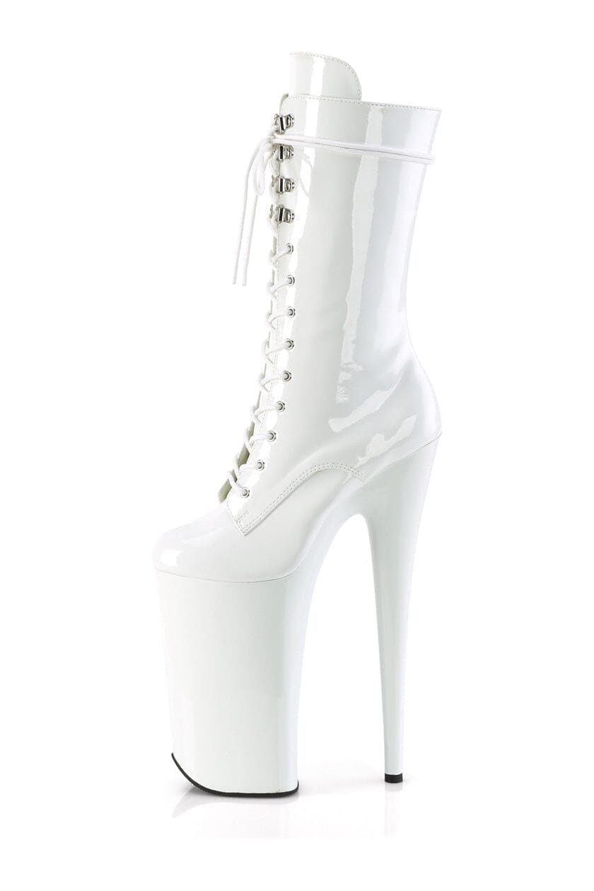 Pleaser BEYOND-1050 Knee-High White Patent Lace-Up Boots with Side Zipper