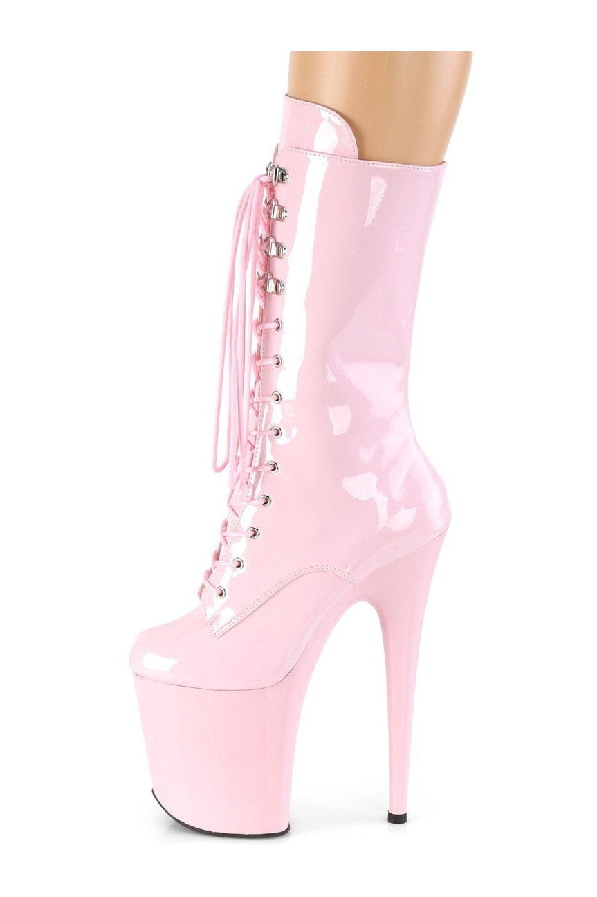 Pleaser Brand Flamingo-1050 Pink Patent Exotic Ankle Lace - Up Glitter Boot with Side Zipper