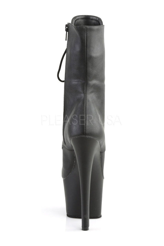 SKY-1020 Ankle Platform Boot with Front Lace-Up and Inside Zip Closure in Black Faux Leather