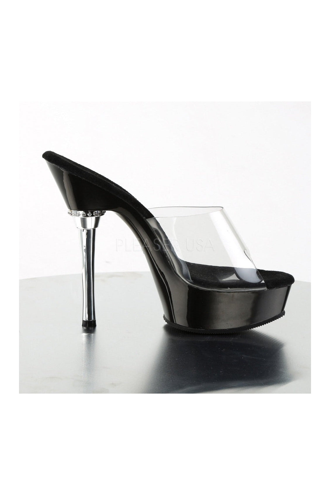 ALLURE-601 Black Vinyl Platform Sandals with Chrome Heel and Jewel Accent