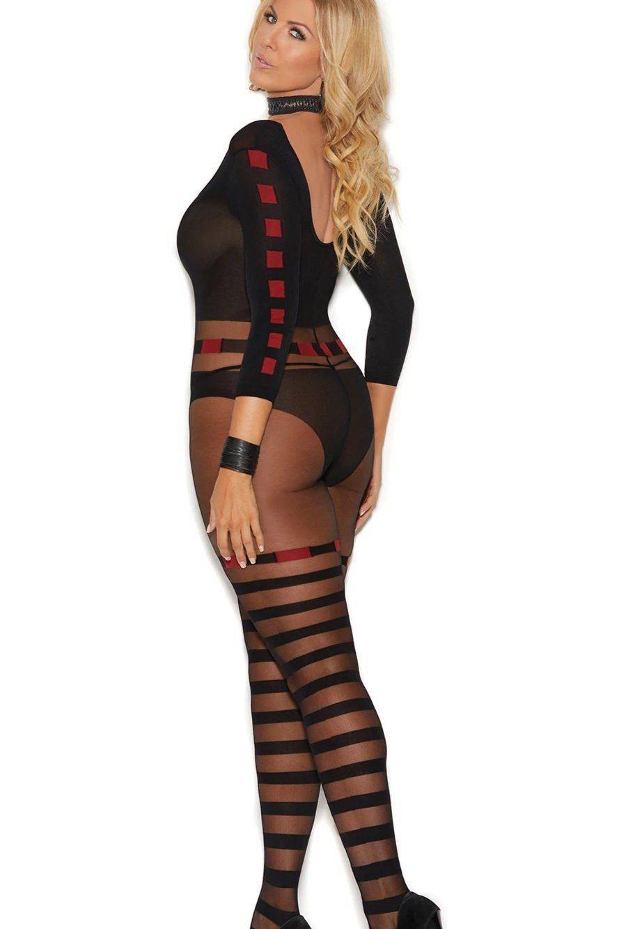 Large Size Horizontal Striped Sheer Bodystocking with Open Crotch