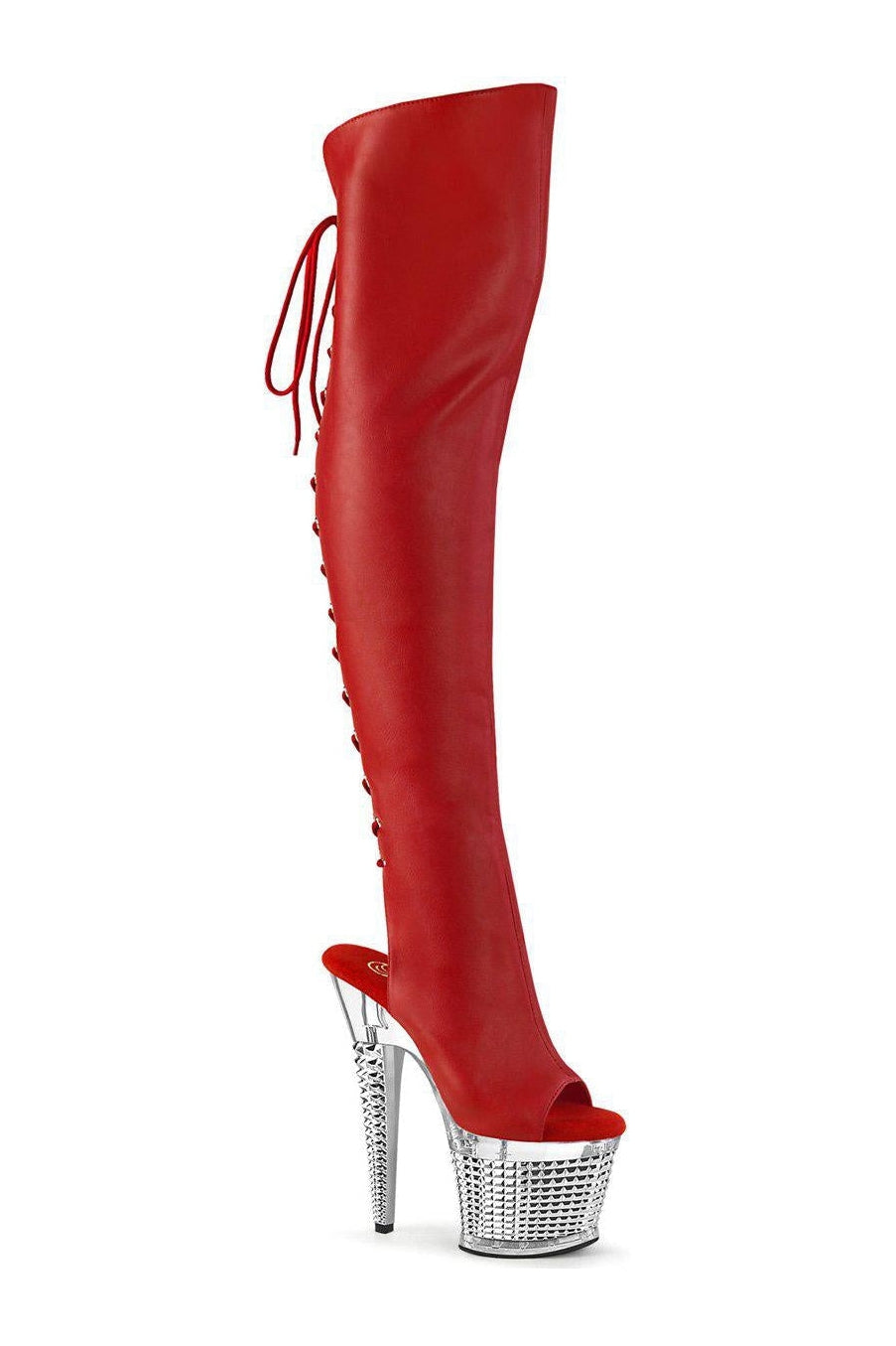 Pleaser Red Faux Leather SPECTATOR - 3019 Thigh High Boots with Open Toe/Heel