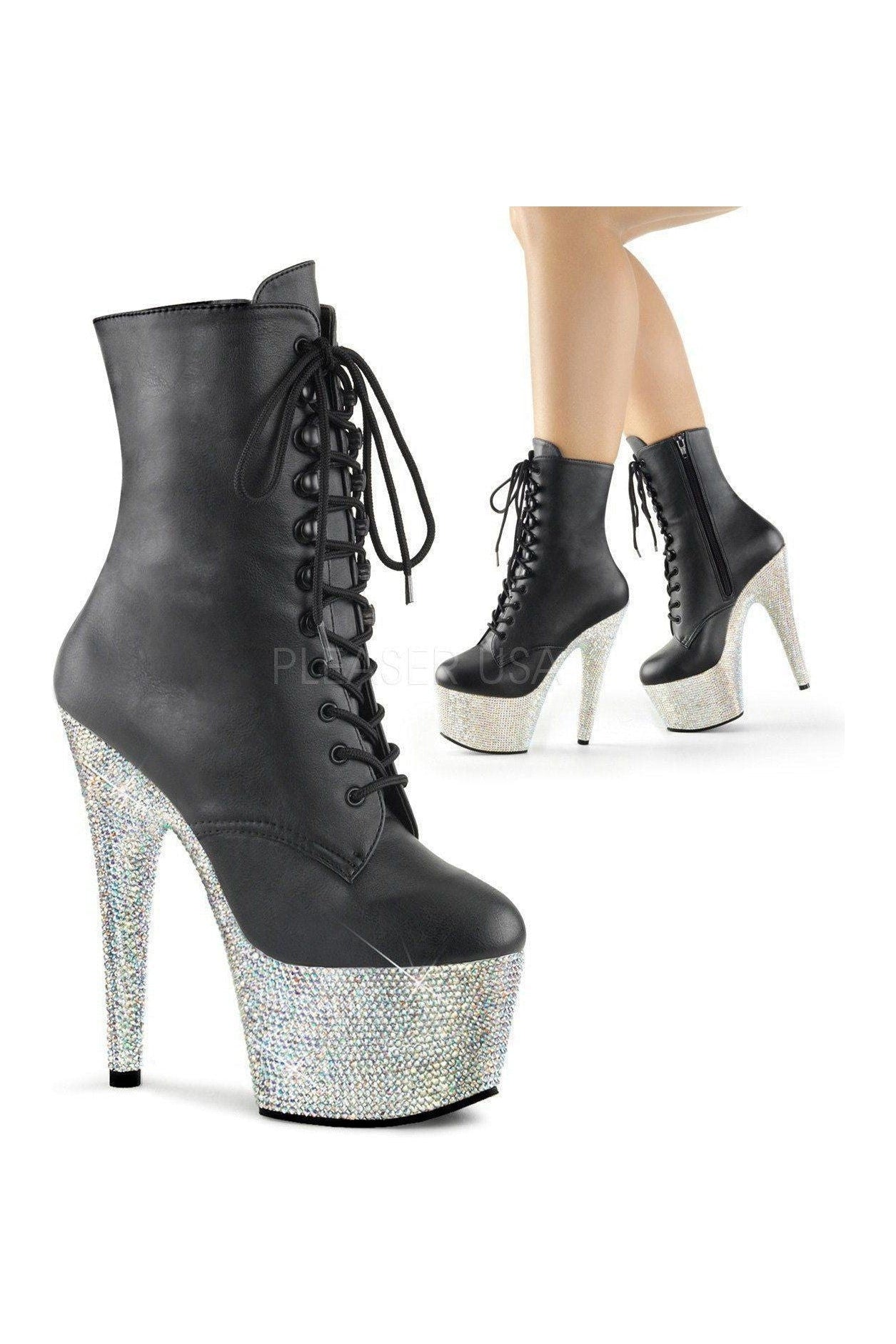 Black Faux Leather Rhinestone-Encrusted Platform Ankle Boot - BEJEWELED-1020-7