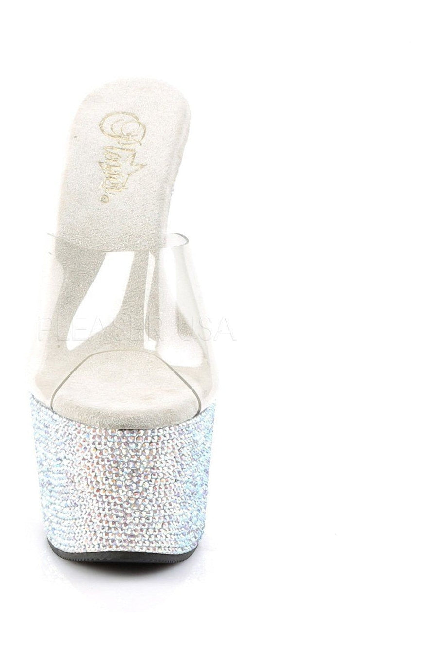 BEJEWELED-701DM Clear Vinyl Platform Slide with Sparkling Rhinestones