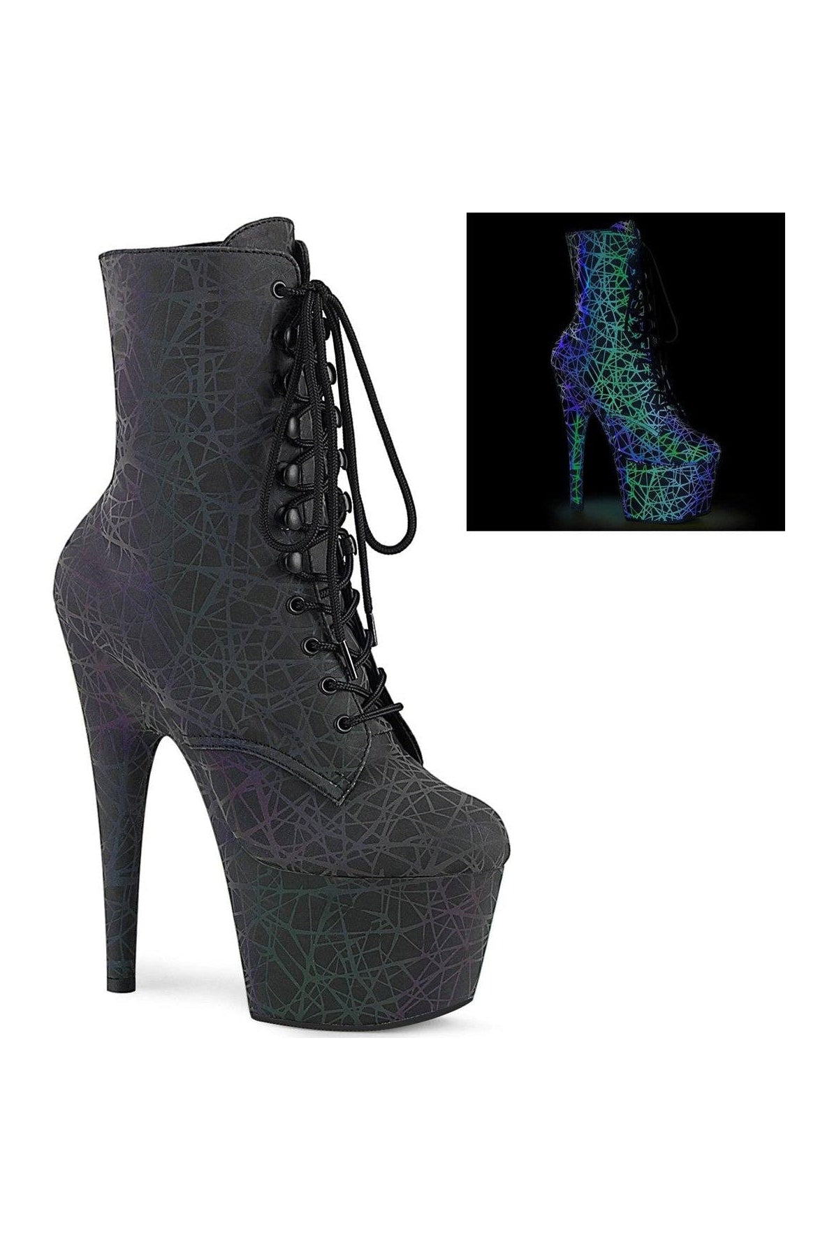 Pleaser ADORE-1020REFL Exotic Green Faux Leather Lace-Up Ankle Boots