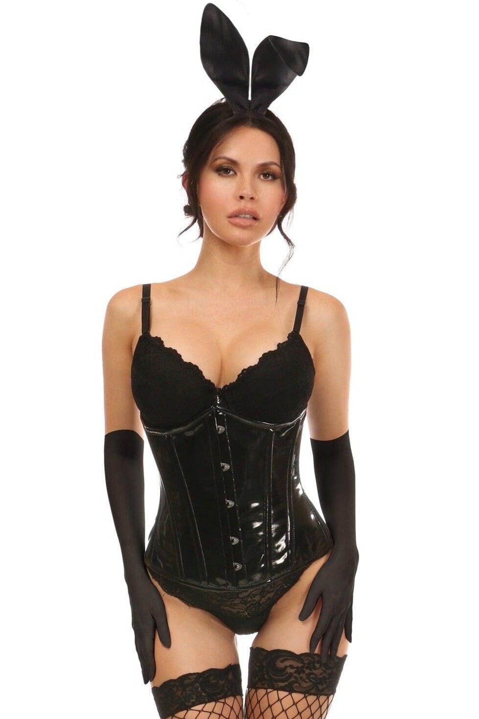 Four-Piece All-Black Vinyl Bunny-Themed Corset Costume Set for Adults