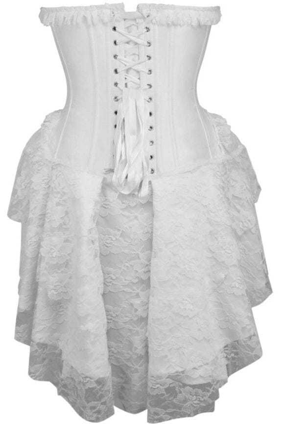 Elegant White Lace Strapless Victorian Corset Dress with Steel Boning
