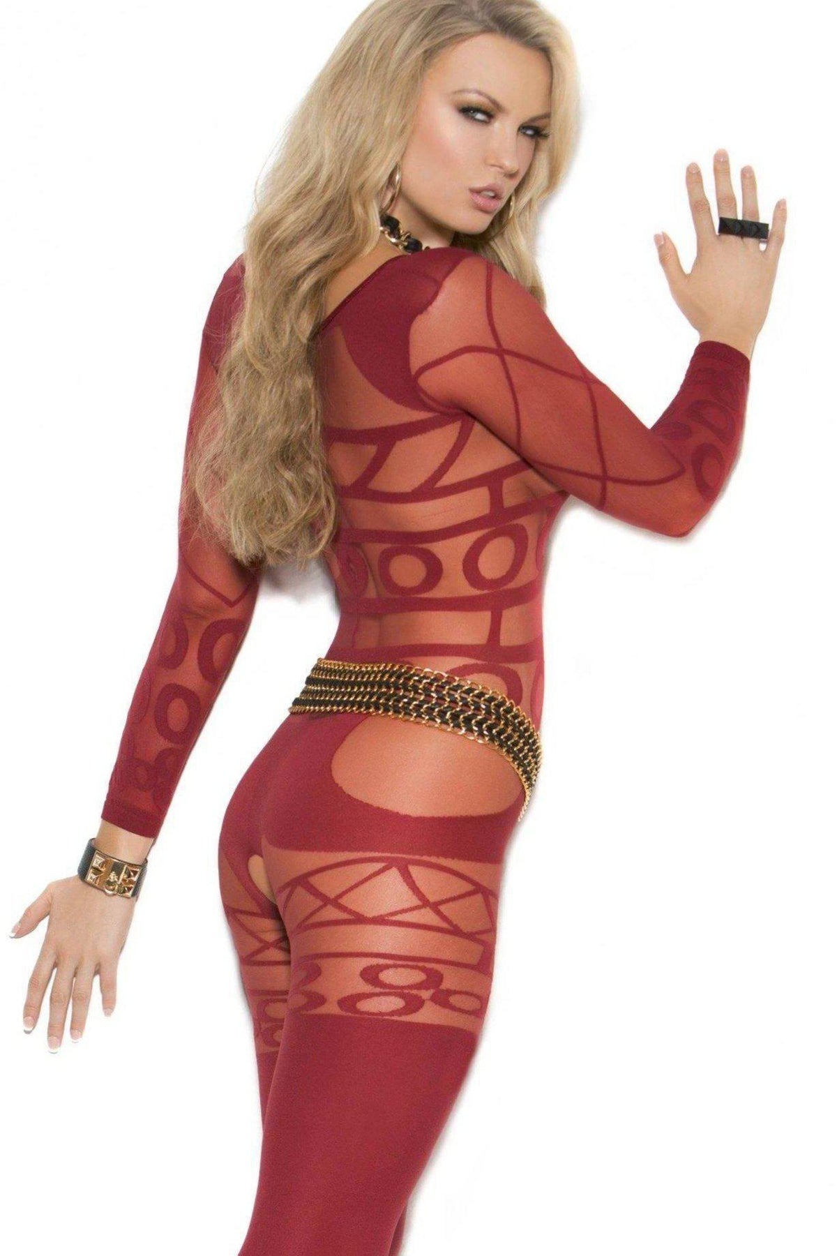 Elegant Long Sleeve Sheer & Opaque Open Crotch Bodystocking