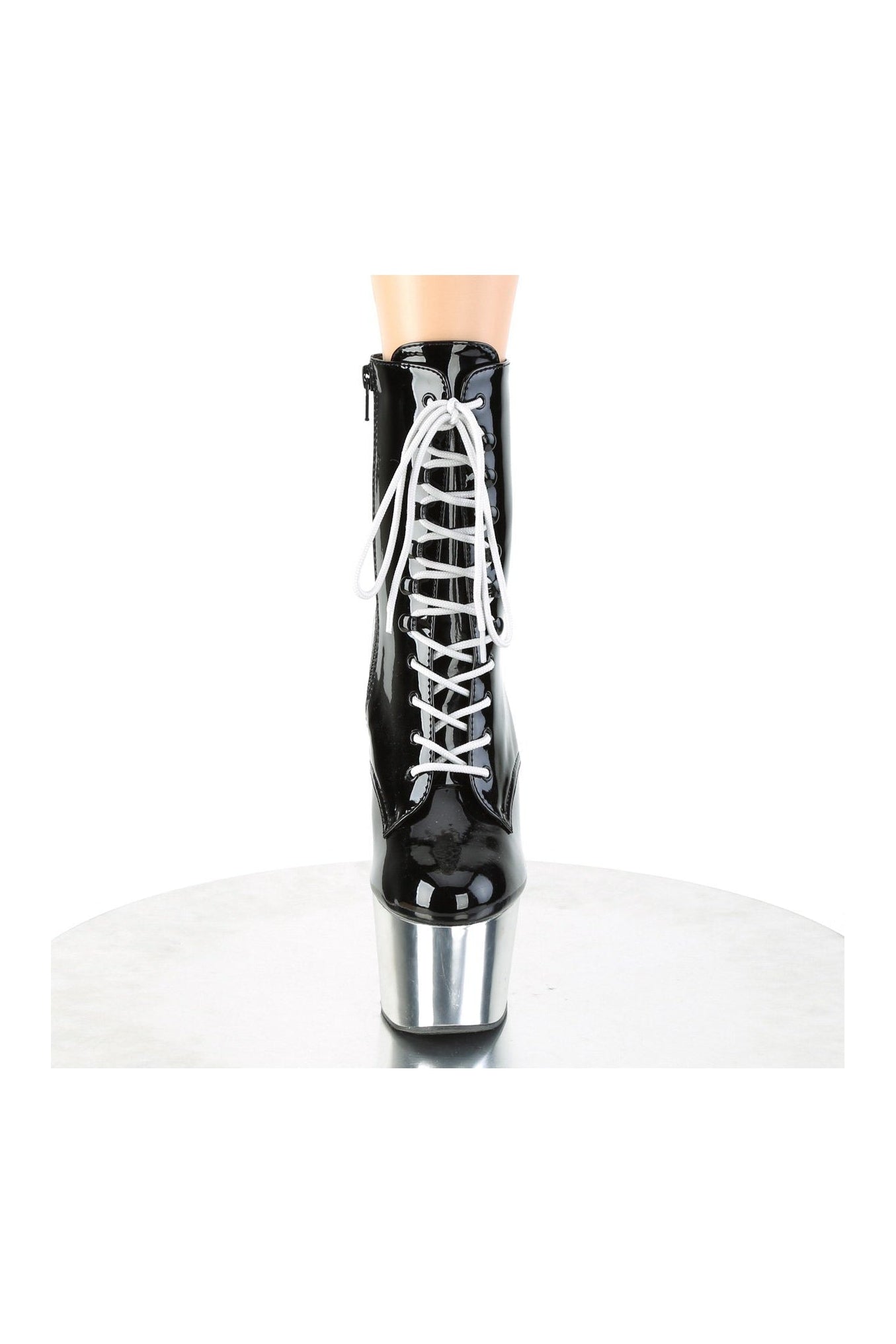 Pleaser ADORE-1020 Black Patent Exotic Lace-Up Ankle Boot with Side Zipper