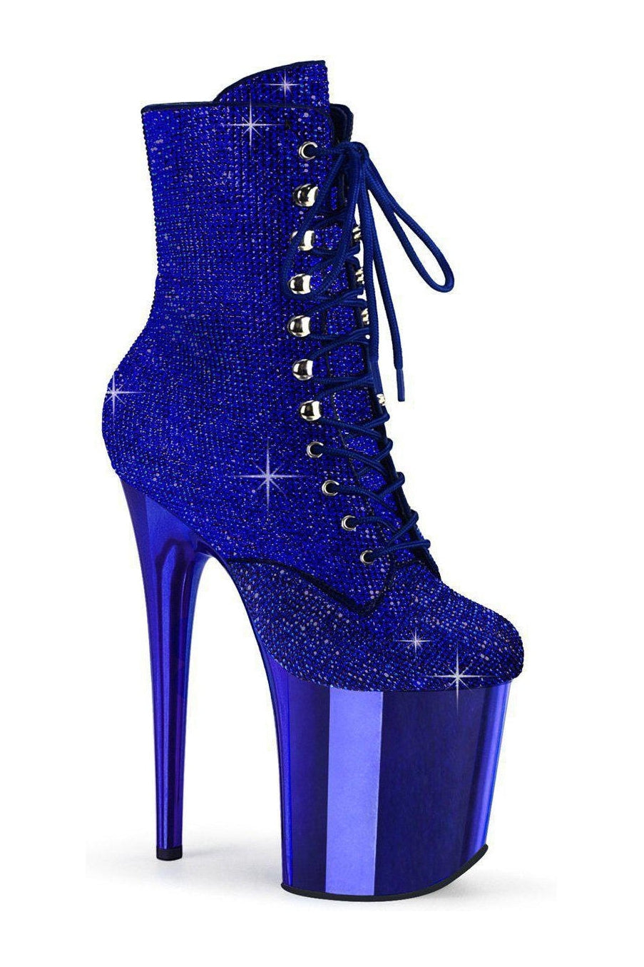 Blue Faux Suede Flamingo-1020CHRS Lace-Up Rhinestones Embellished Ankle Boot