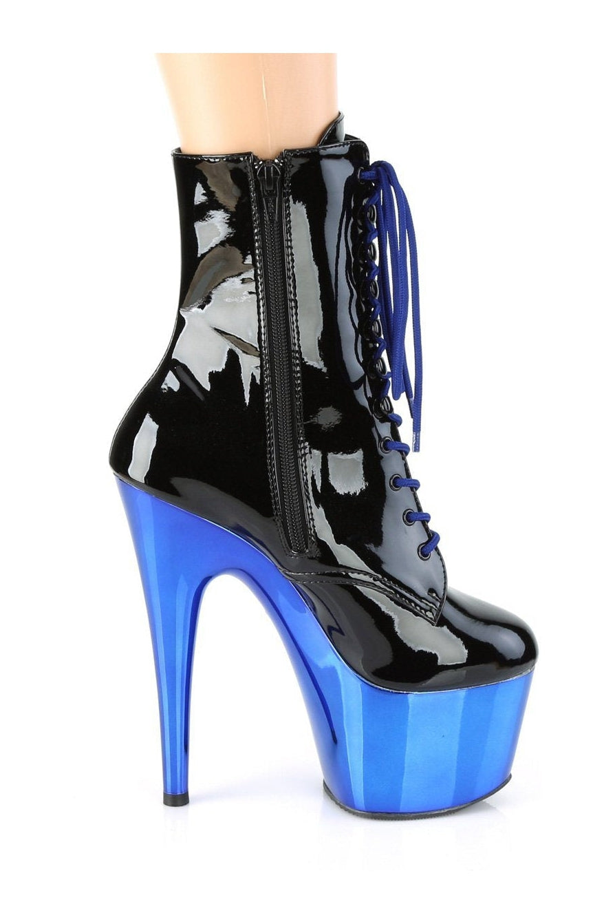 Pleaser's Black Patent ADORE - 1020 Exotic Lace - Up Ankle Boots